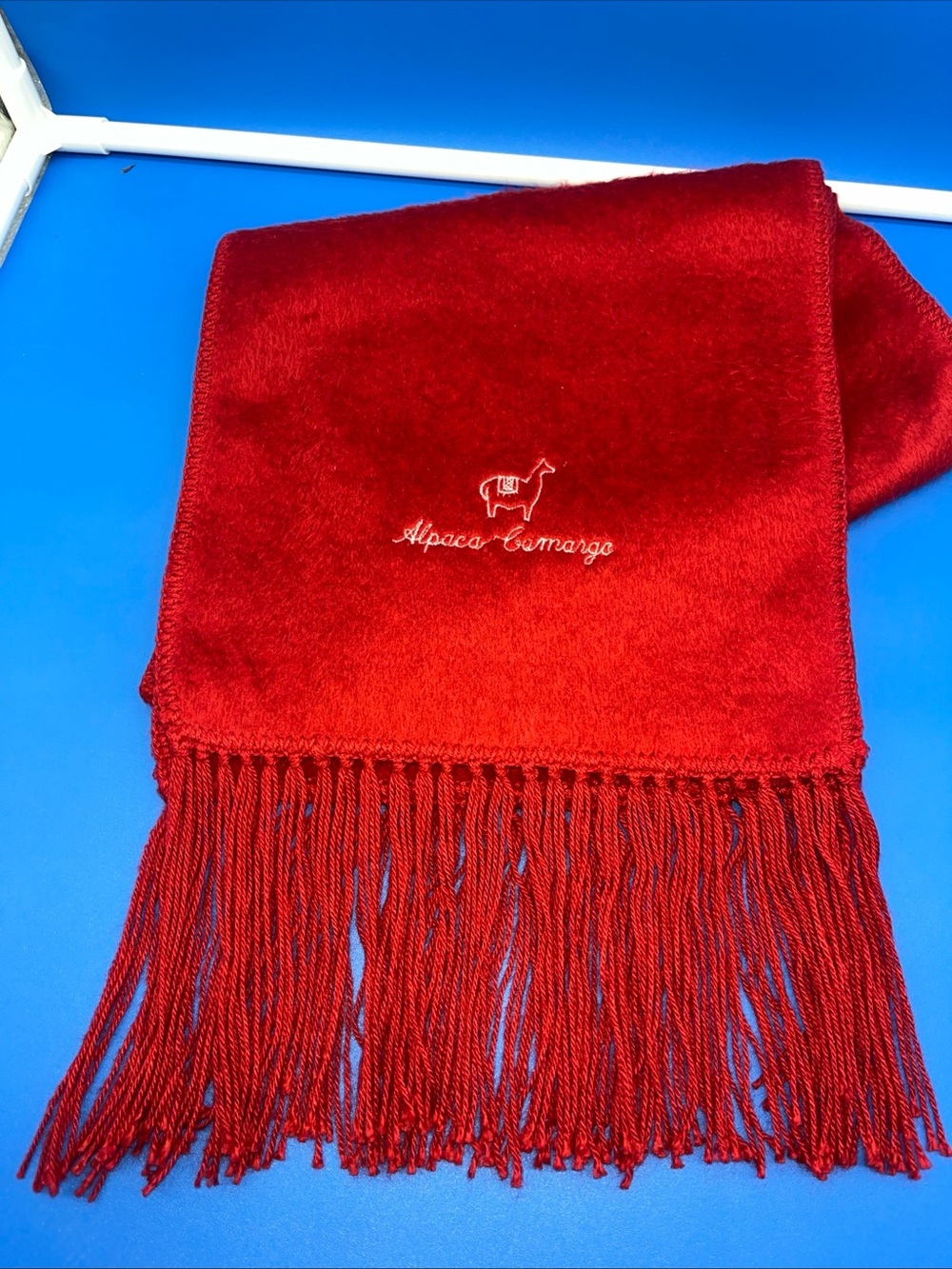 Alpaca Camargo 100% Alpaca Red Scarf w/Fringe & Logo, Classic Luxury, Soft